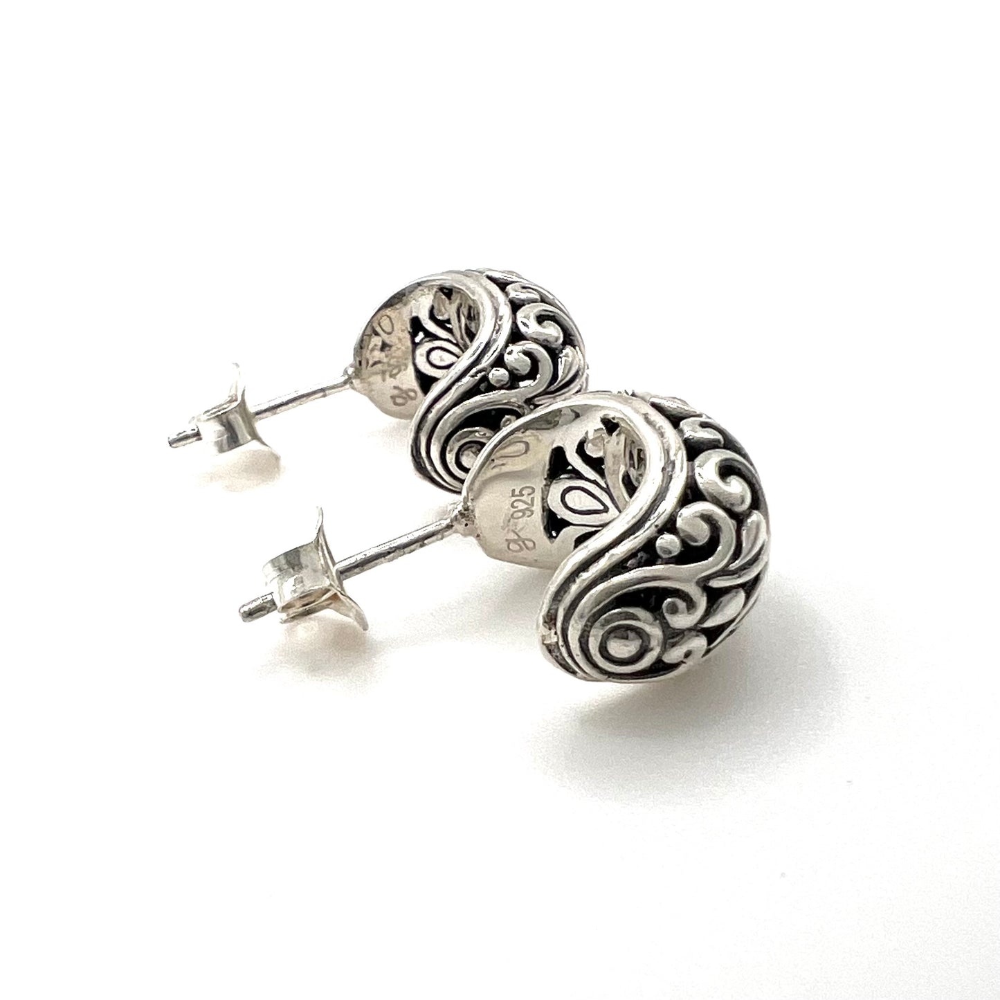 Vintage Ornate Sterling Silver Huggie Post Earrings