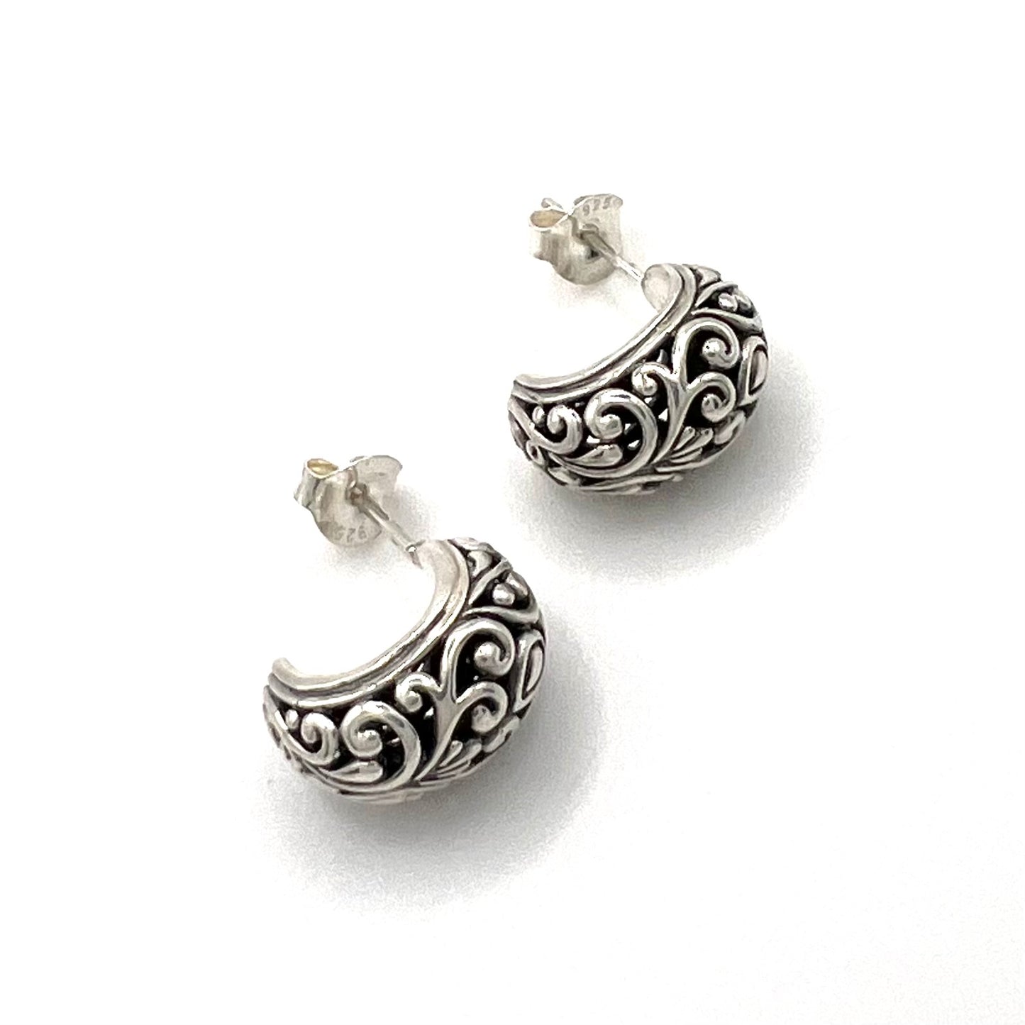 Vintage Ornate Sterling Silver Huggie Post Earrings