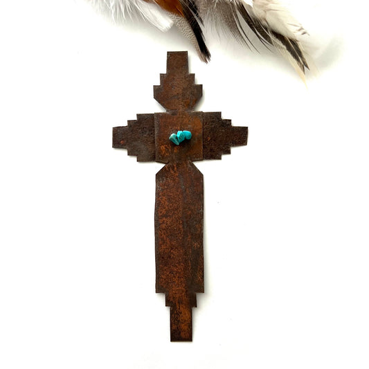 Vintage Rusted Tin and Turquoise Chimayo Cross