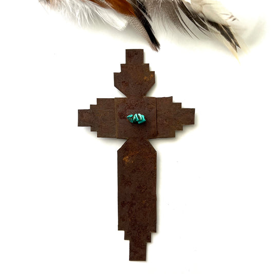 Vintage Turquoise & Rusted Tin Chimayo Cross