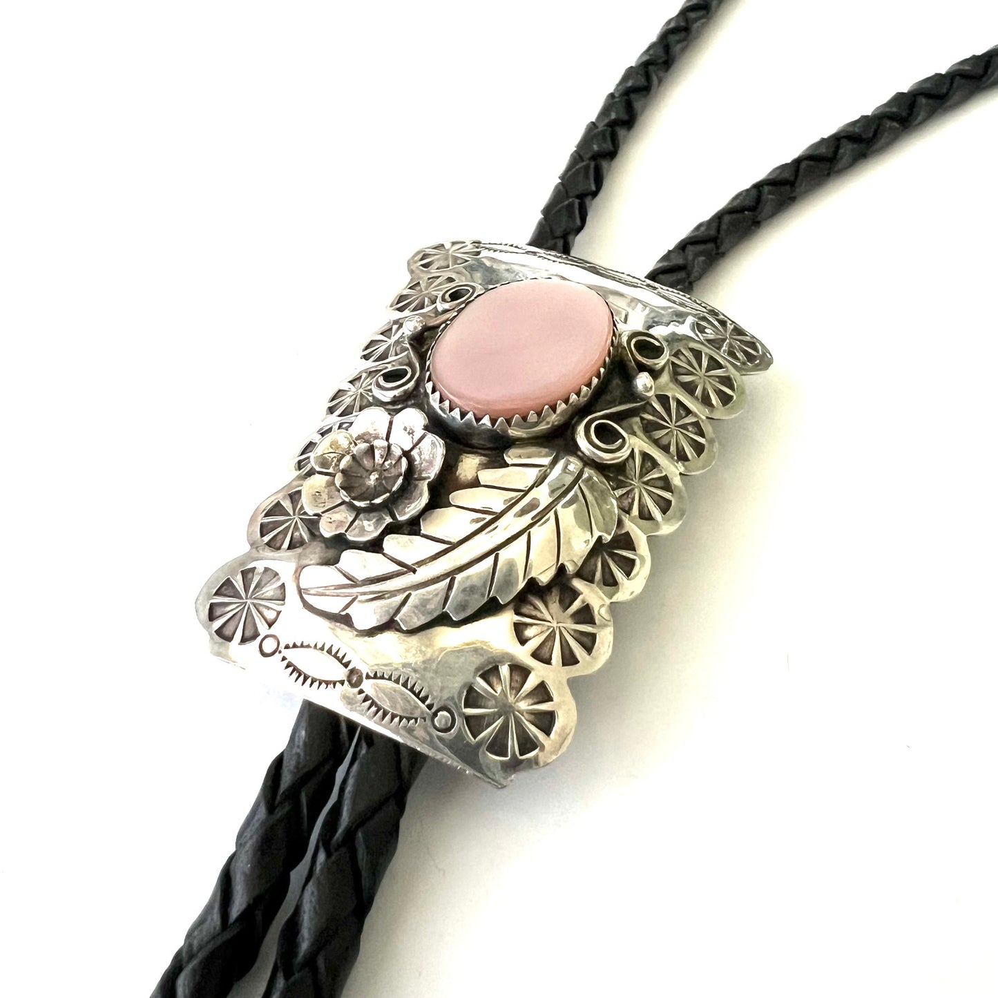 Vintage Silver Floral and Pink Mother of Pearl Bolo Tie