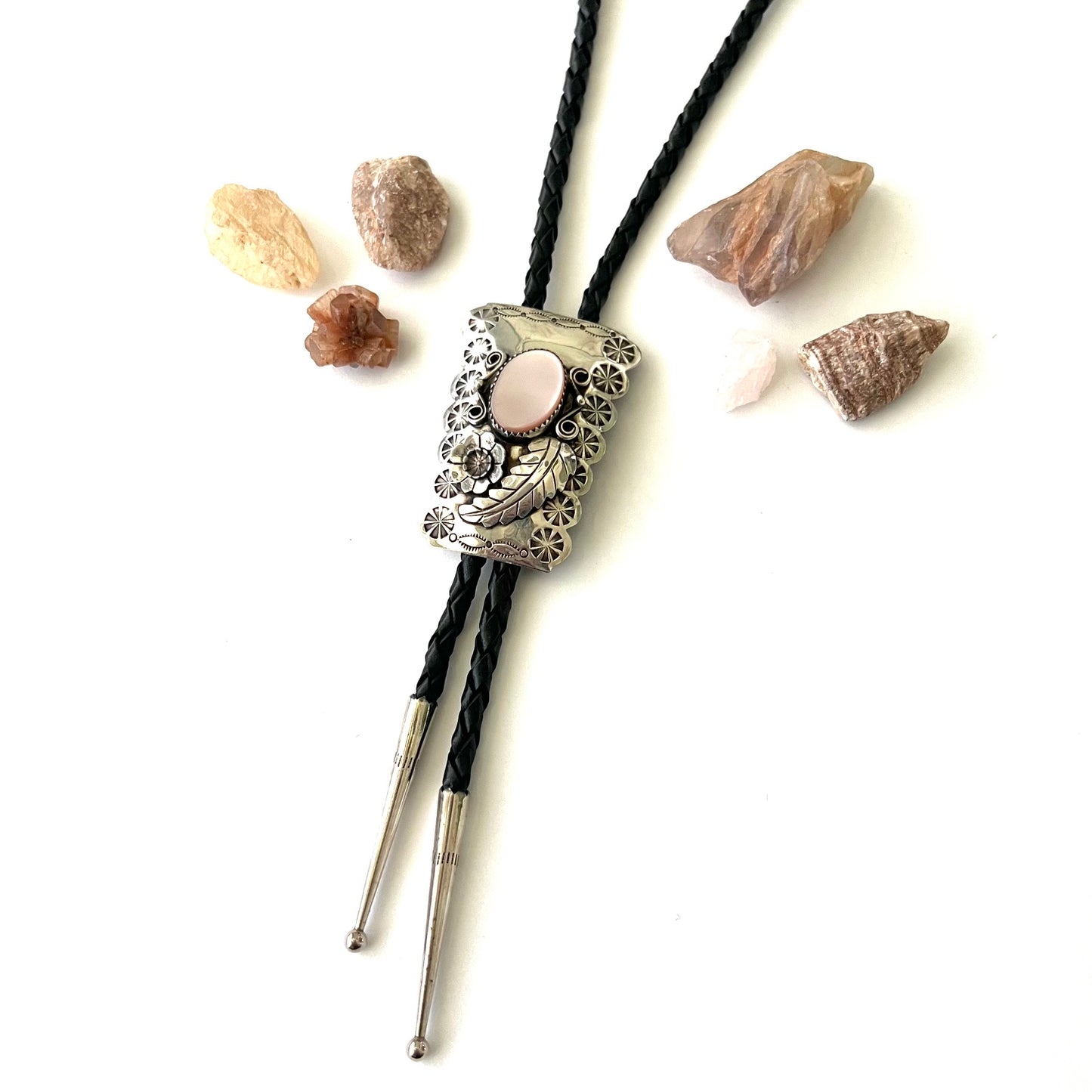 Vintage Silver Floral and Pink Mother of Pearl Bolo Tie