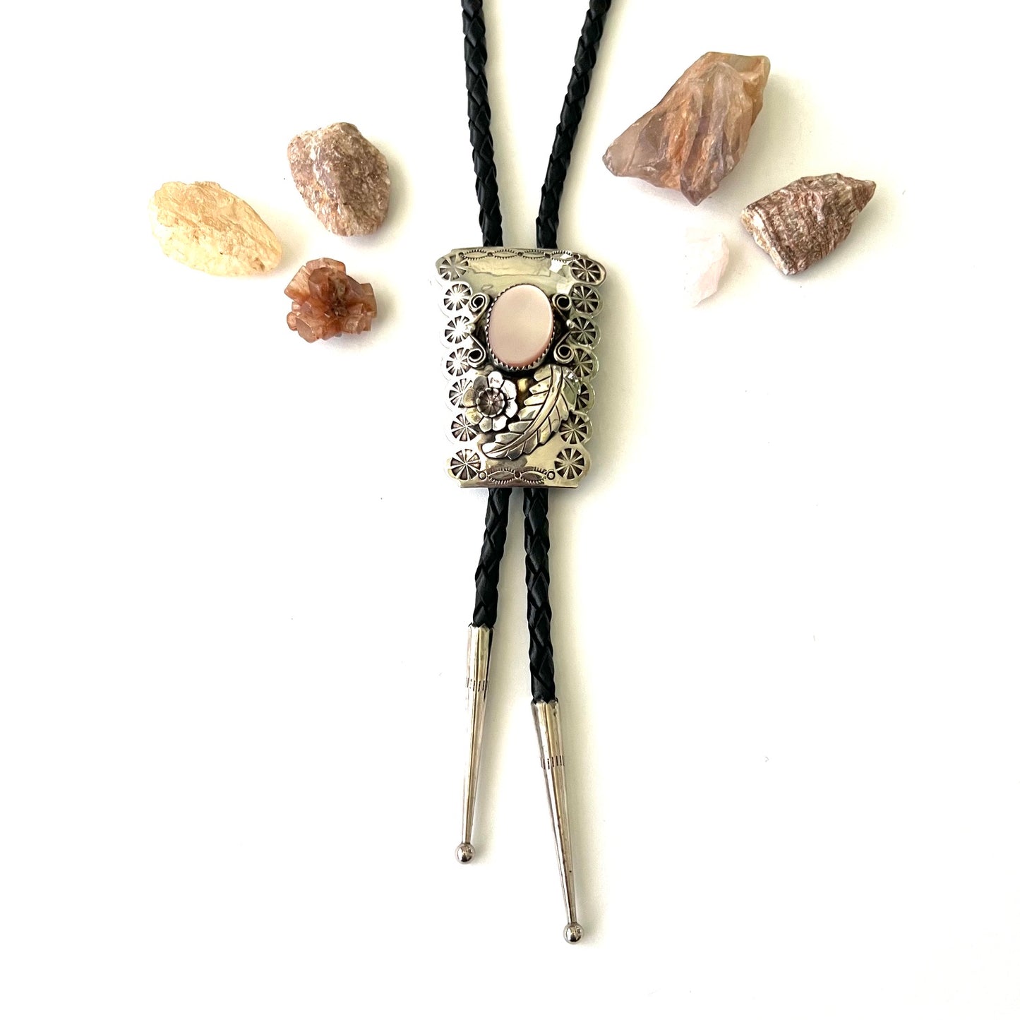 Vintage Silver Floral and Pink Mother of Pearl Bolo Tie