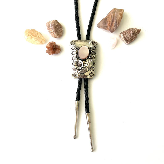 Vintage Silver Floral and Pink Mother of Pearl Bolo Tie