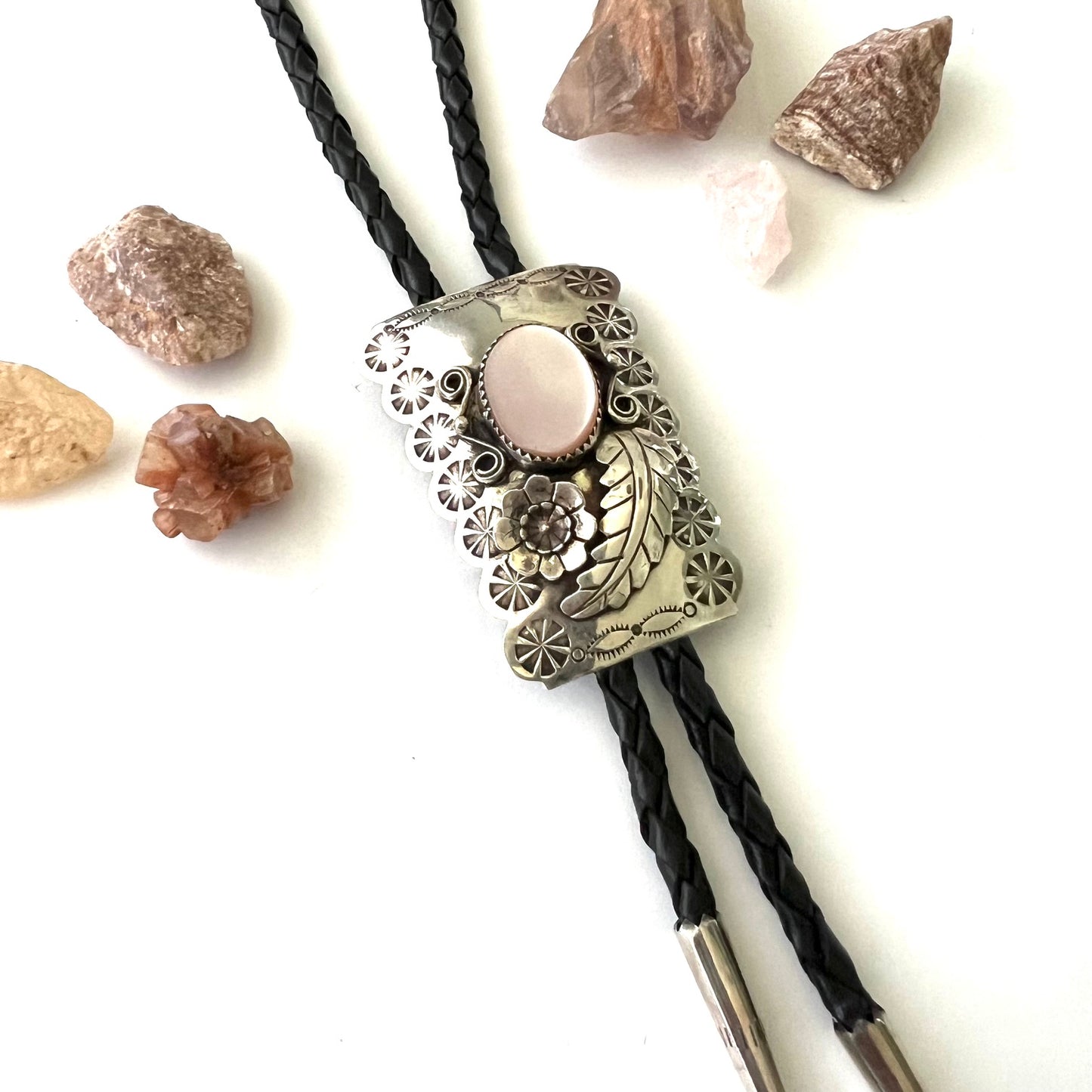 Vintage Silver Floral and Pink Mother of Pearl Bolo Tie