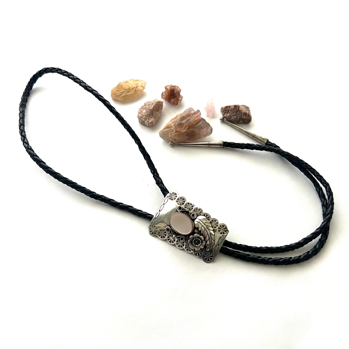 Vintage Silver Floral and Pink Mother of Pearl Bolo Tie