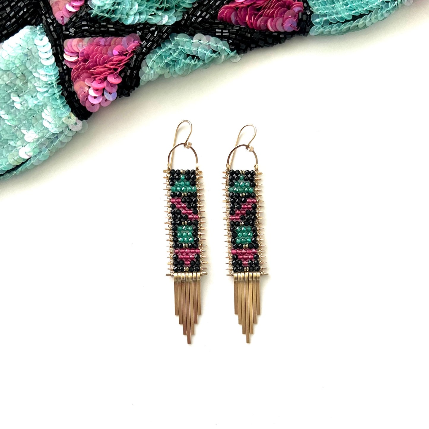 Demimonde Pink & Green Color Block Tapestry Earrings