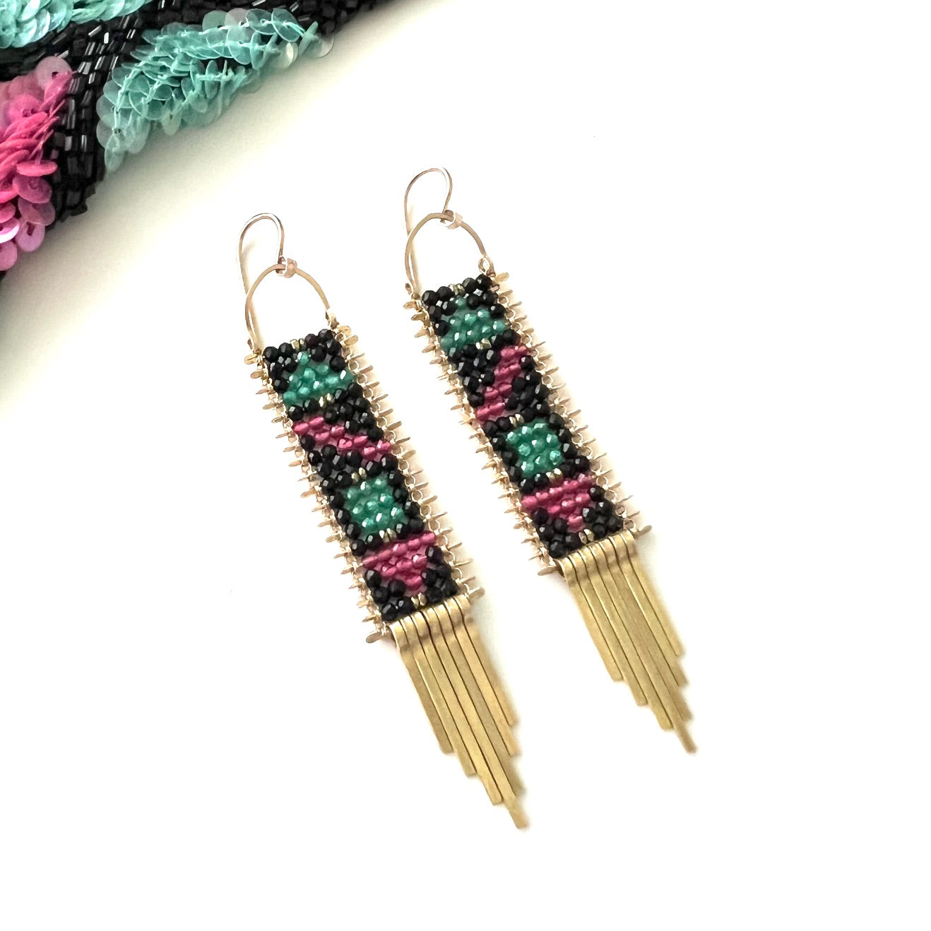 Demimonde Pink & Green Color Block Tapestry Earrings