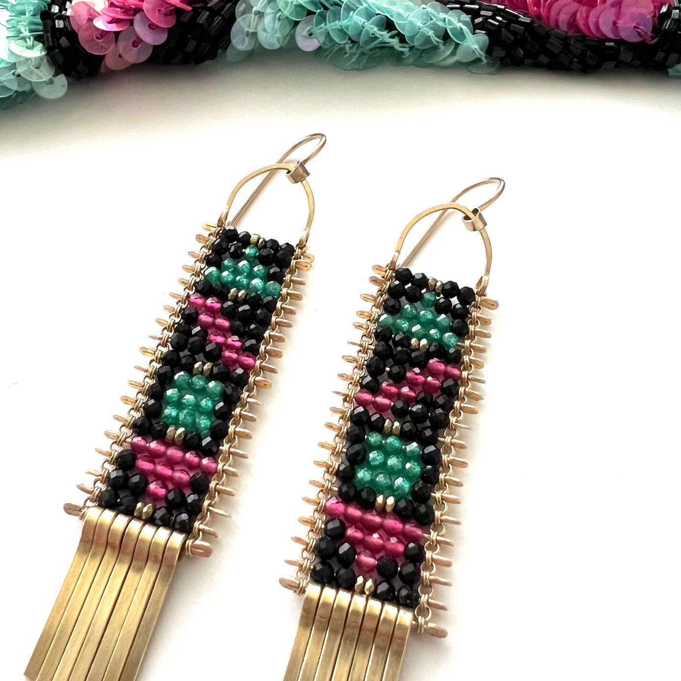 Demimonde Pink & Green Color Block Tapestry Earrings