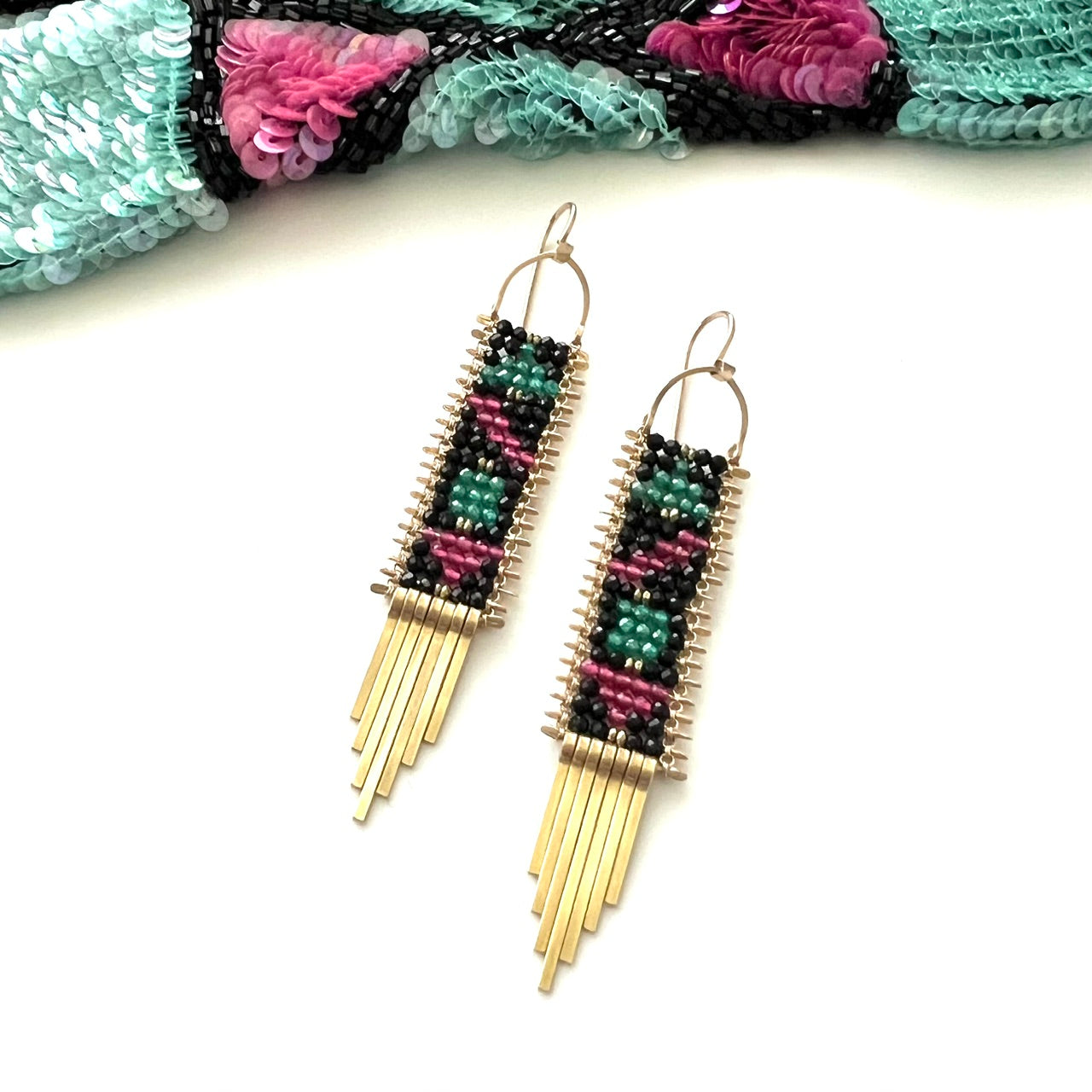 Demimonde Pink & Green Color Block Tapestry Earrings