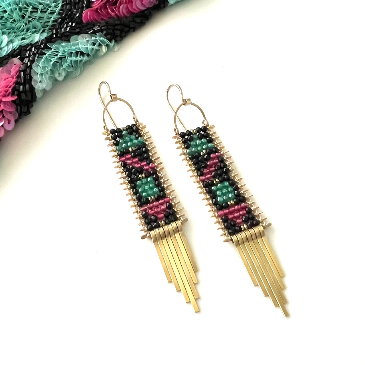 Demimonde Pink & Green Color Block Tapestry Earrings