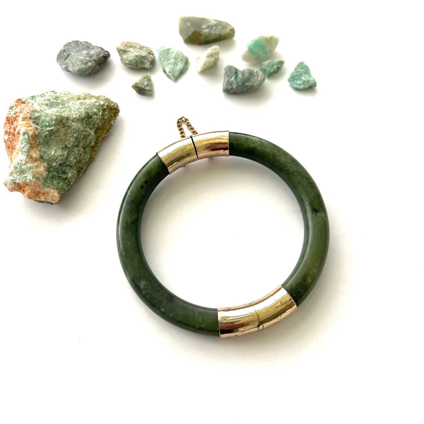 Vintage Green Jade and 14k Gold Fill Hinged Bangle