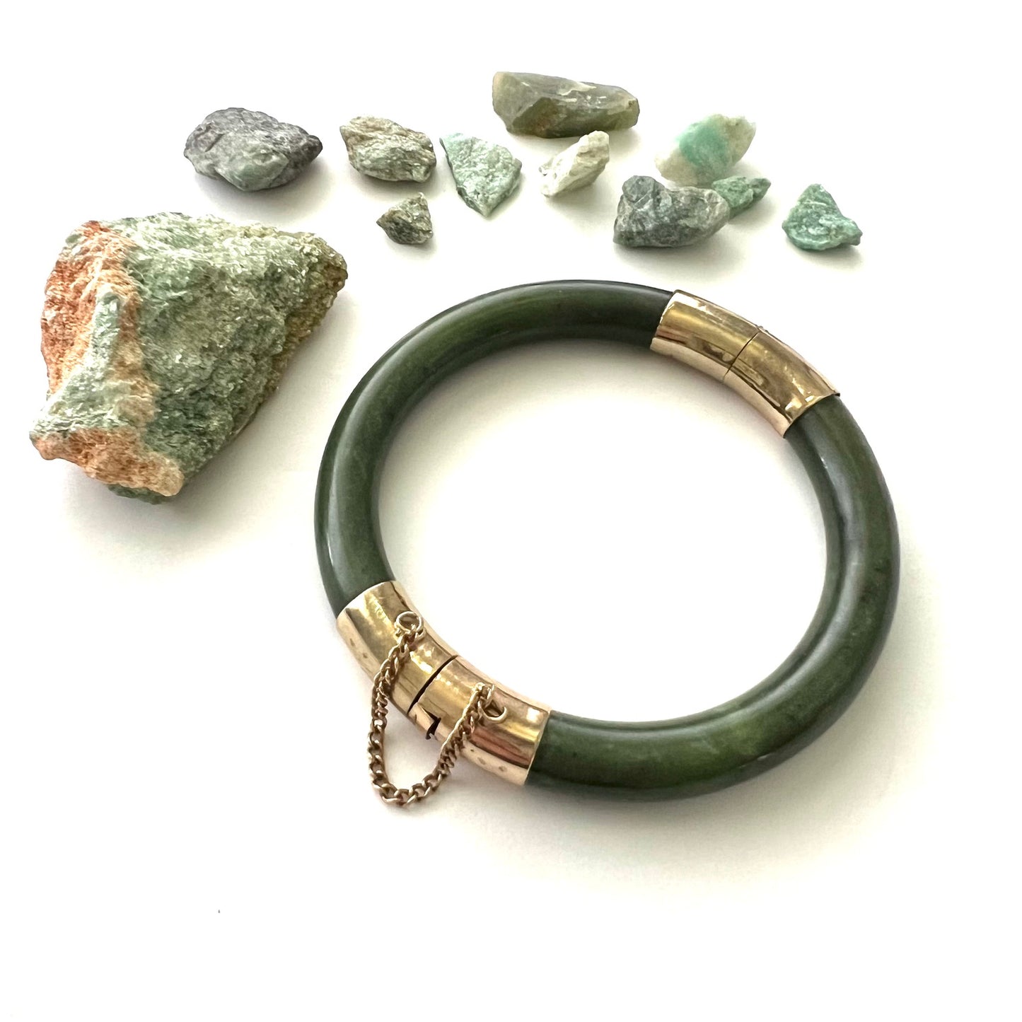 Vintage Green Jade and 14k Gold Fill Hinged Bangle