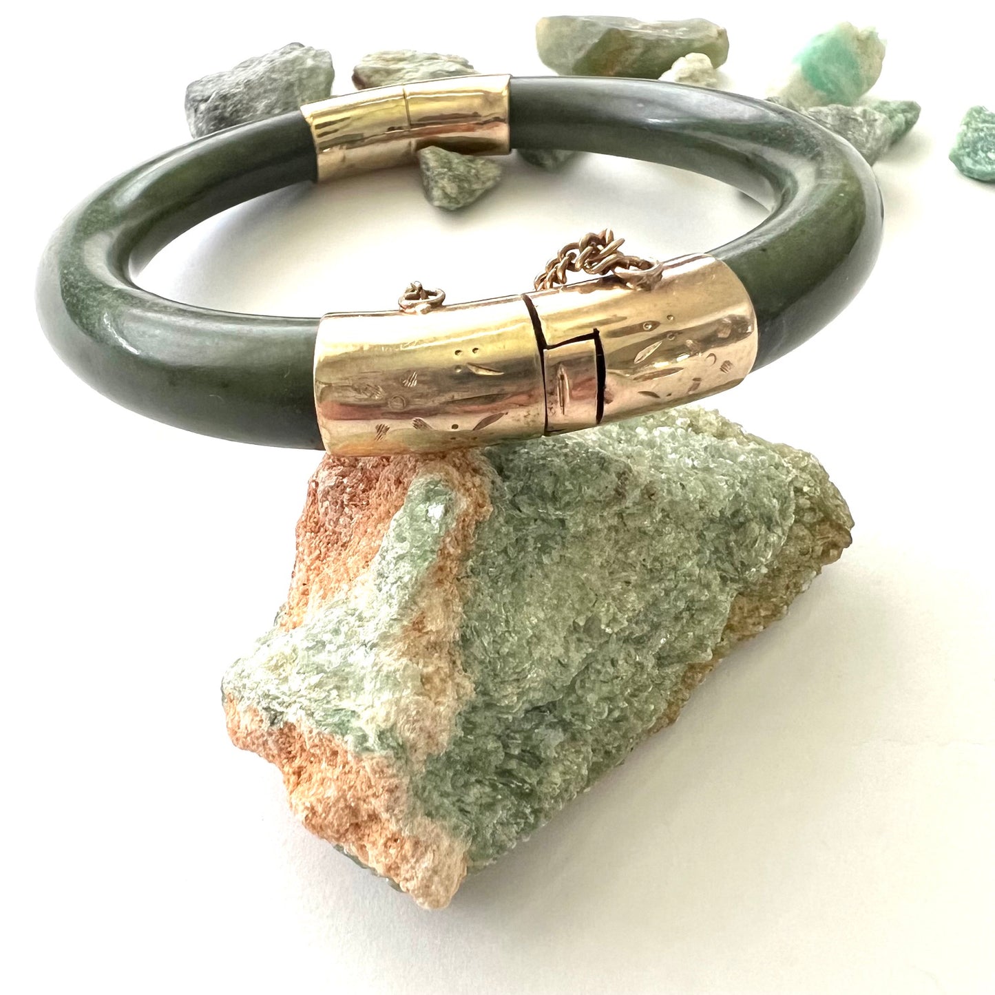 Vintage Green Jade and 14k Gold Fill Hinged Bangle
