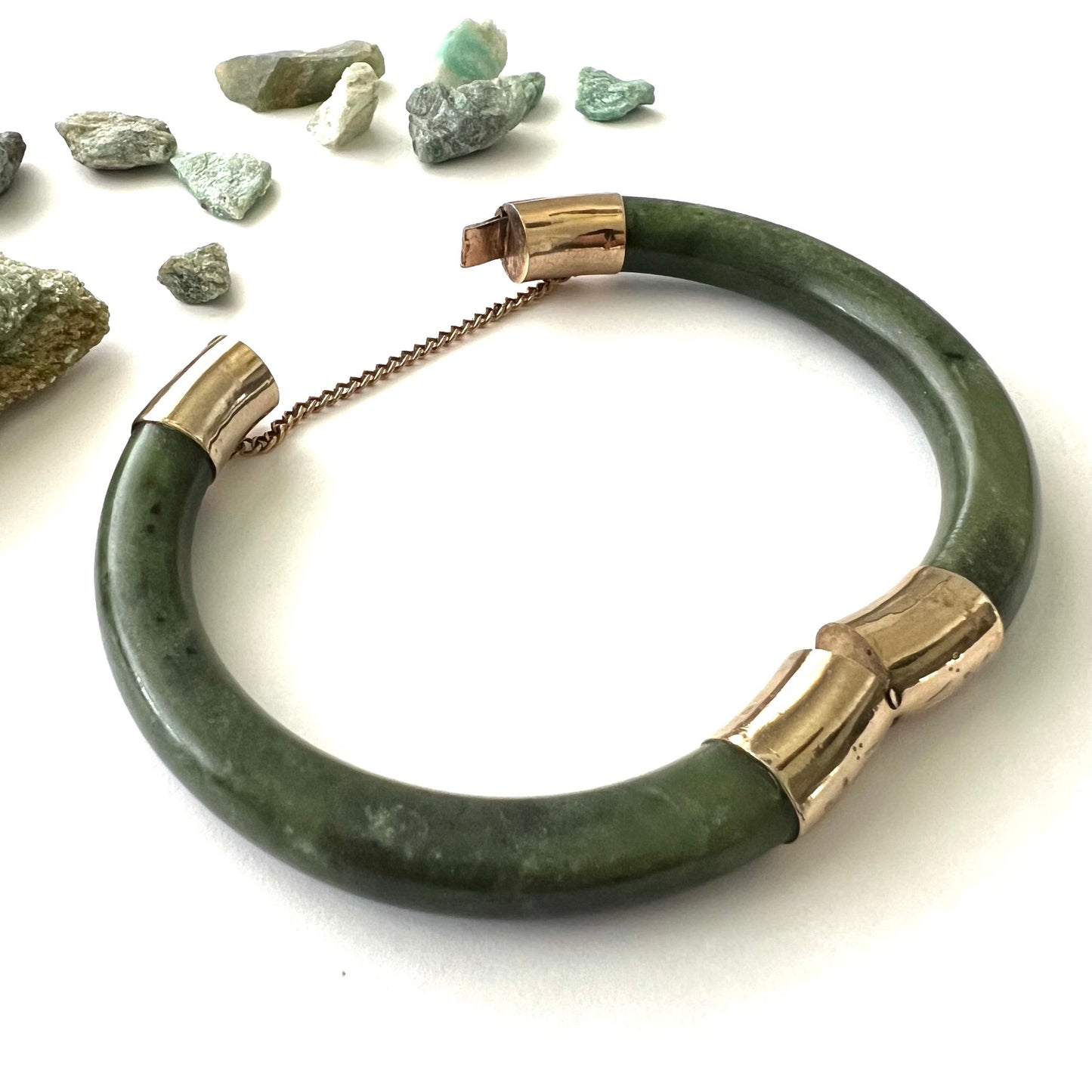 Vintage Green Jade and 14k Gold Fill Hinged Bangle