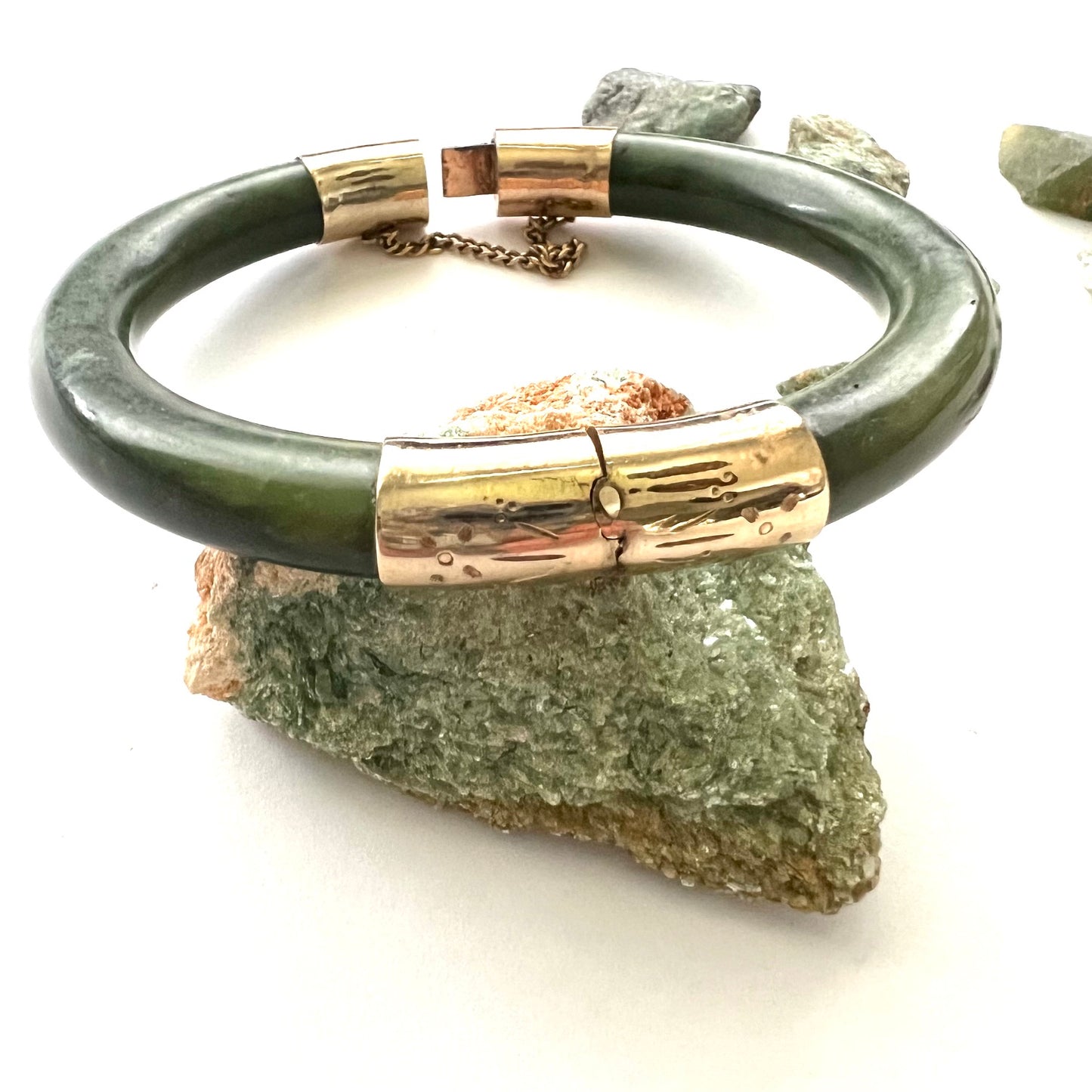 Vintage Green Jade and 14k Gold Fill Hinged Bangle