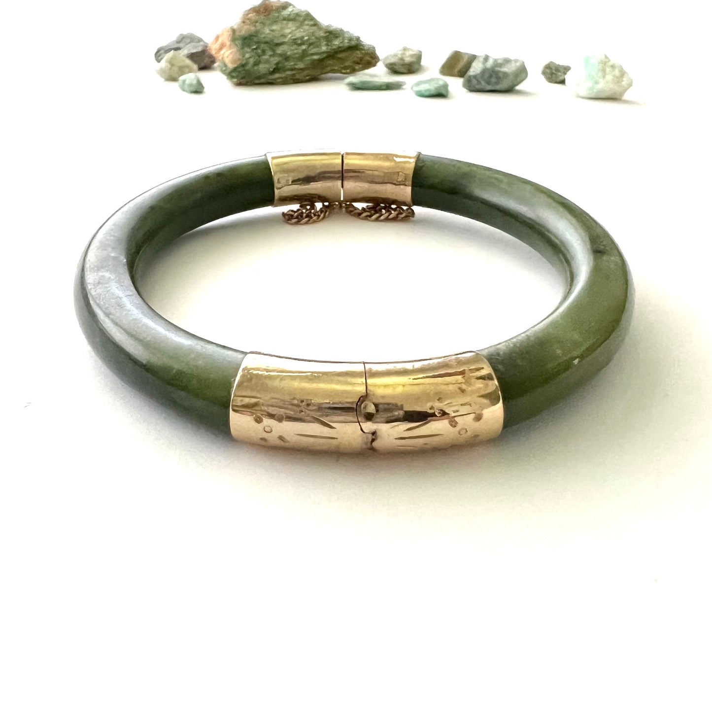 Vintage Green Jade and 14k Gold Fill Hinged Bangle