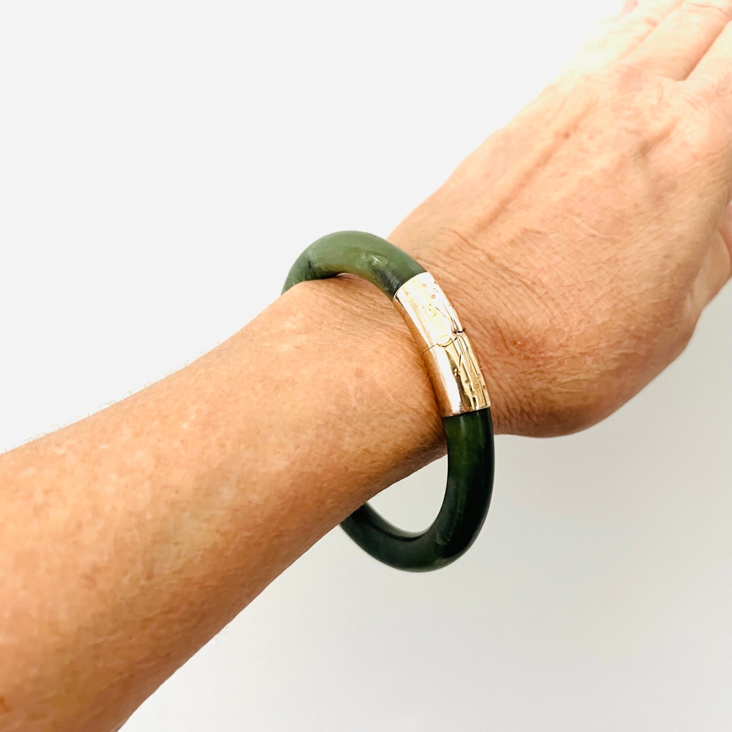 Vintage Green Jade and 14k Gold Fill Hinged Bangle