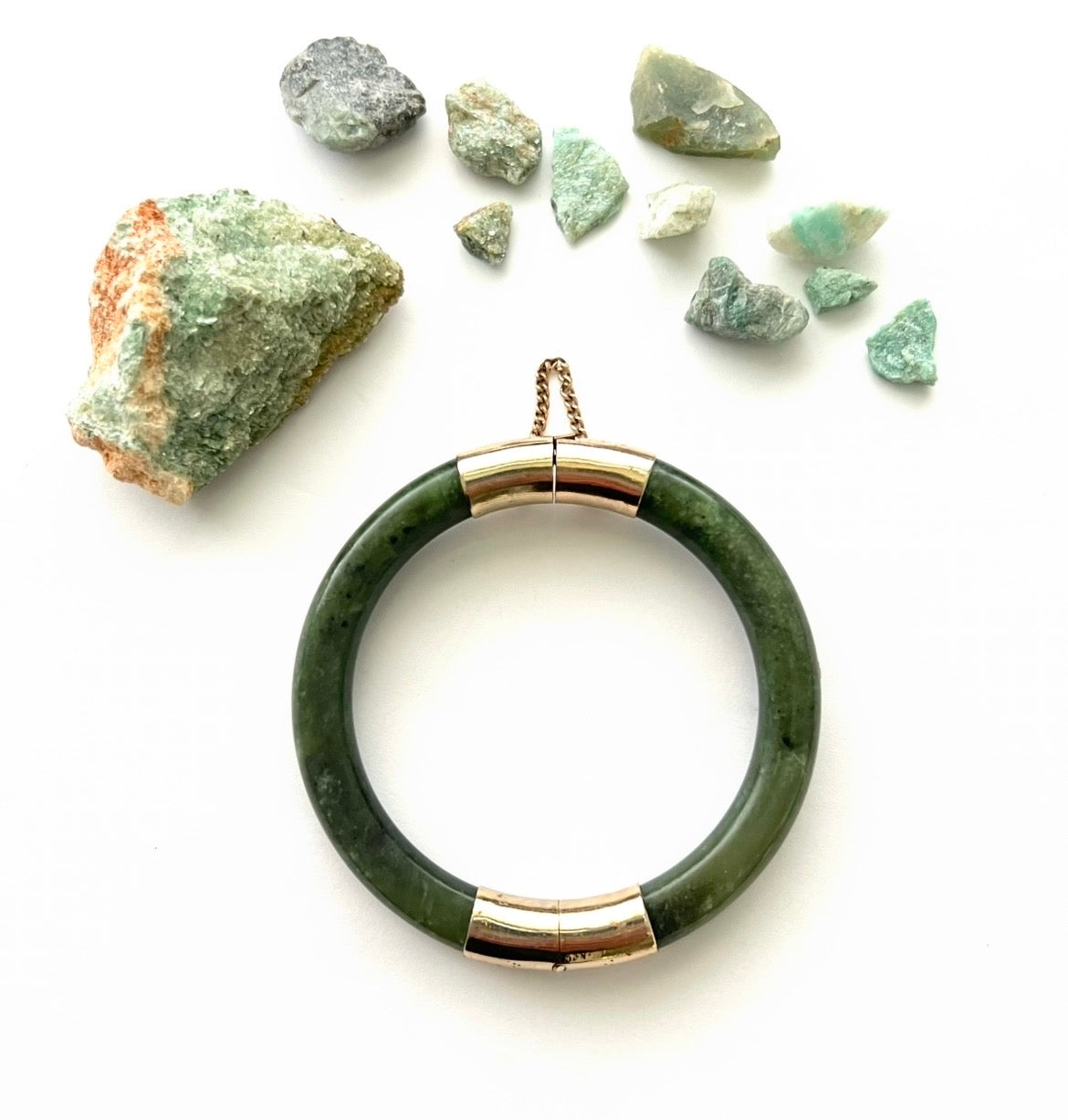 Vintage Green Jade and 14k Gold Fill Hinged Bangle