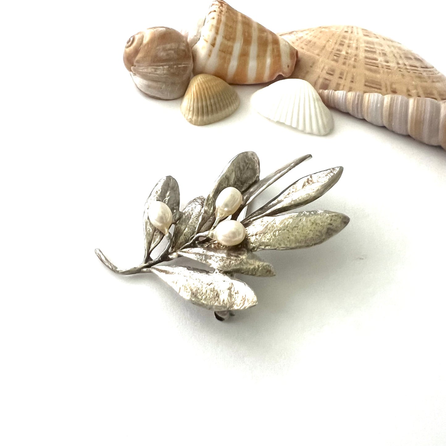 Vintage Museum of Modern Art Silver and Pearl Olive Branch Brooch