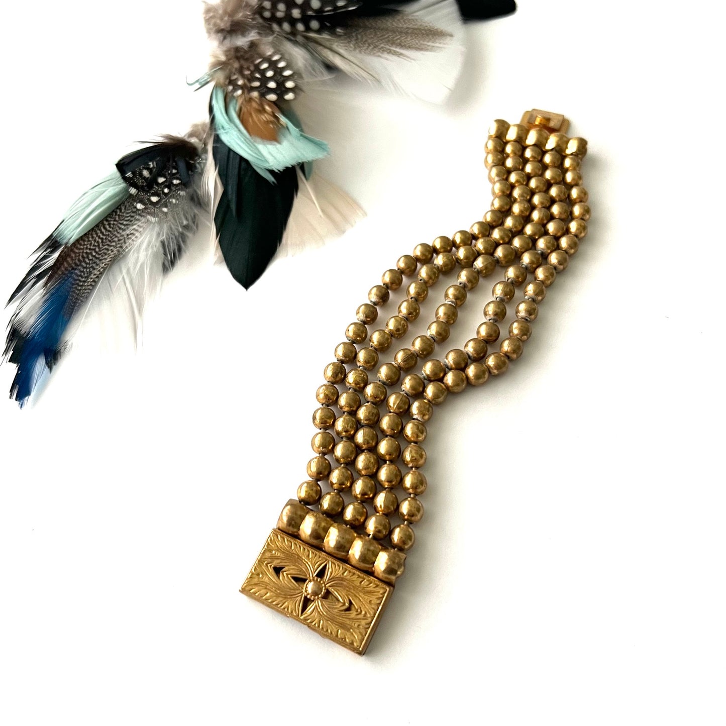 Vintage Victorian Style Beaded Gold Brass Bracelet