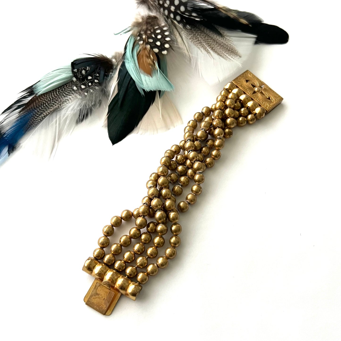 Vintage Victorian Style Beaded Gold Brass Bracelet