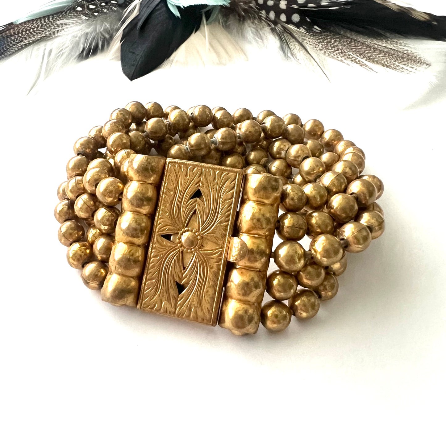 Vintage Victorian Style Beaded Gold Brass Bracelet