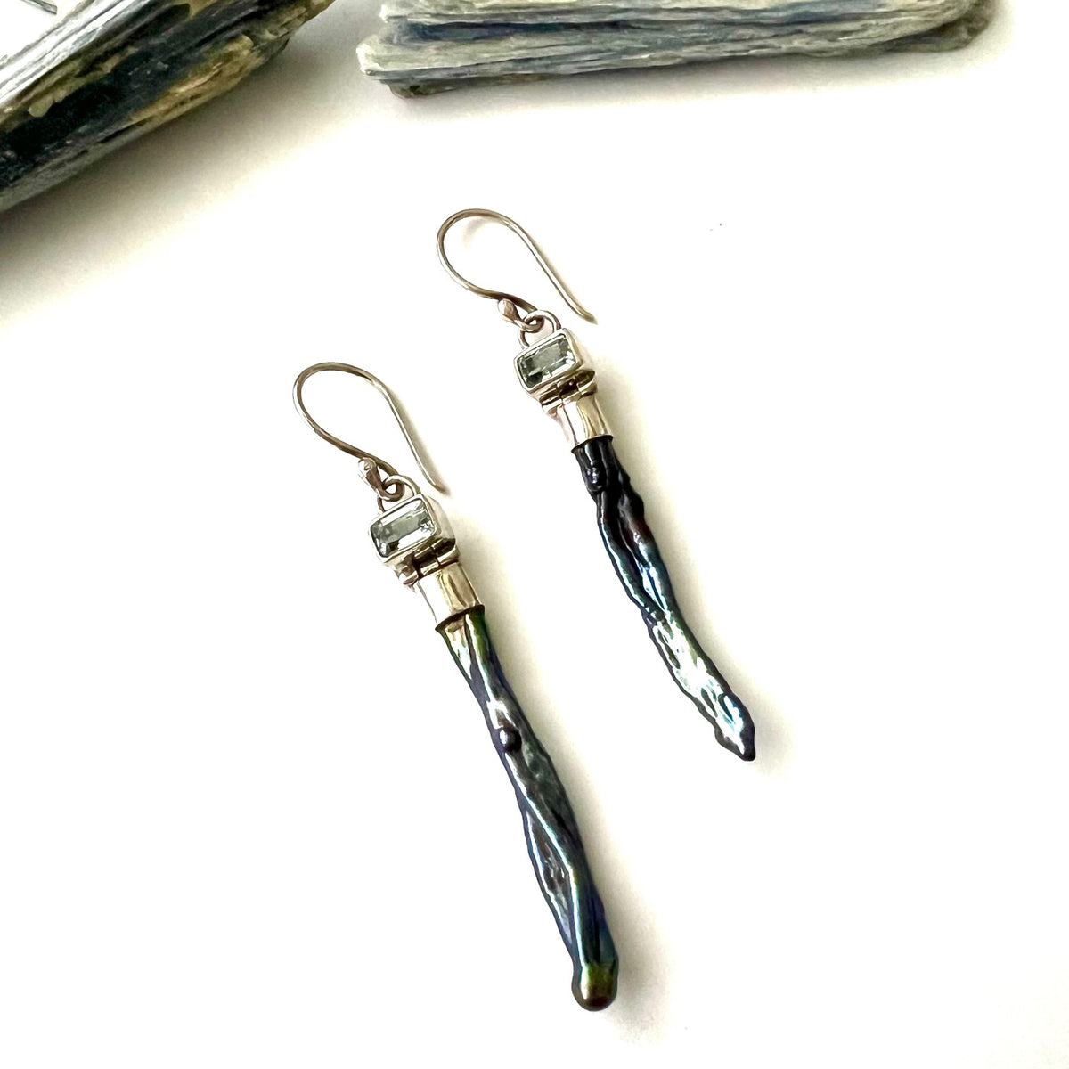 Vintage Black Pearl and Aquamarine Sterling Silver Earrings