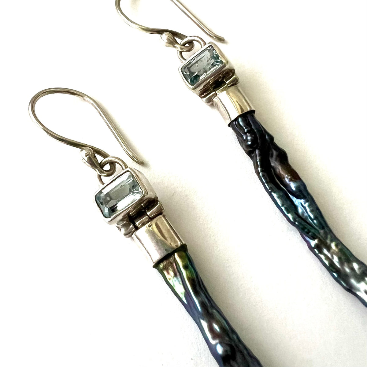 Vintage Black Pearl and Aquamarine Sterling Silver Earrings