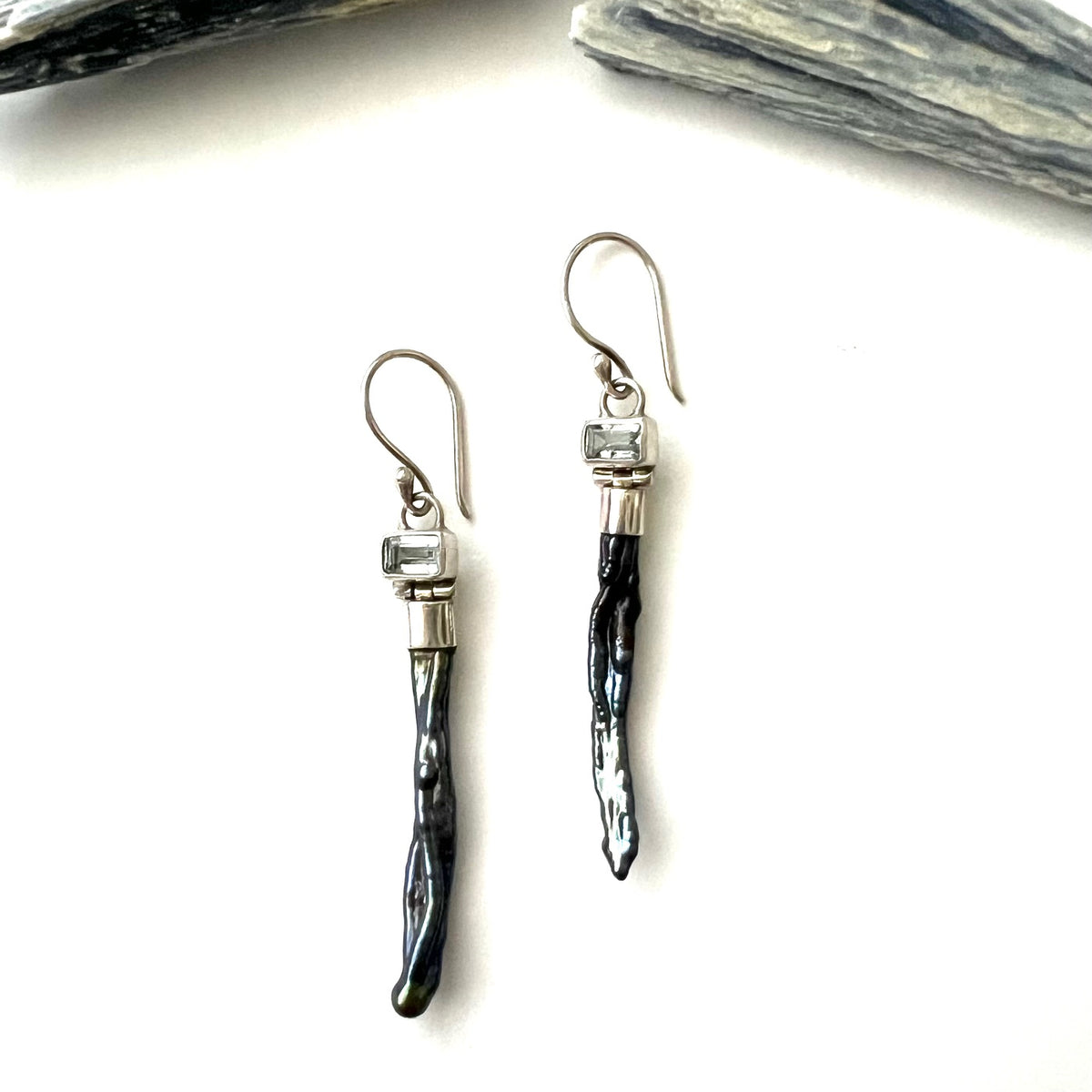 Vintage Black Pearl and Aquamarine Sterling Silver Earrings