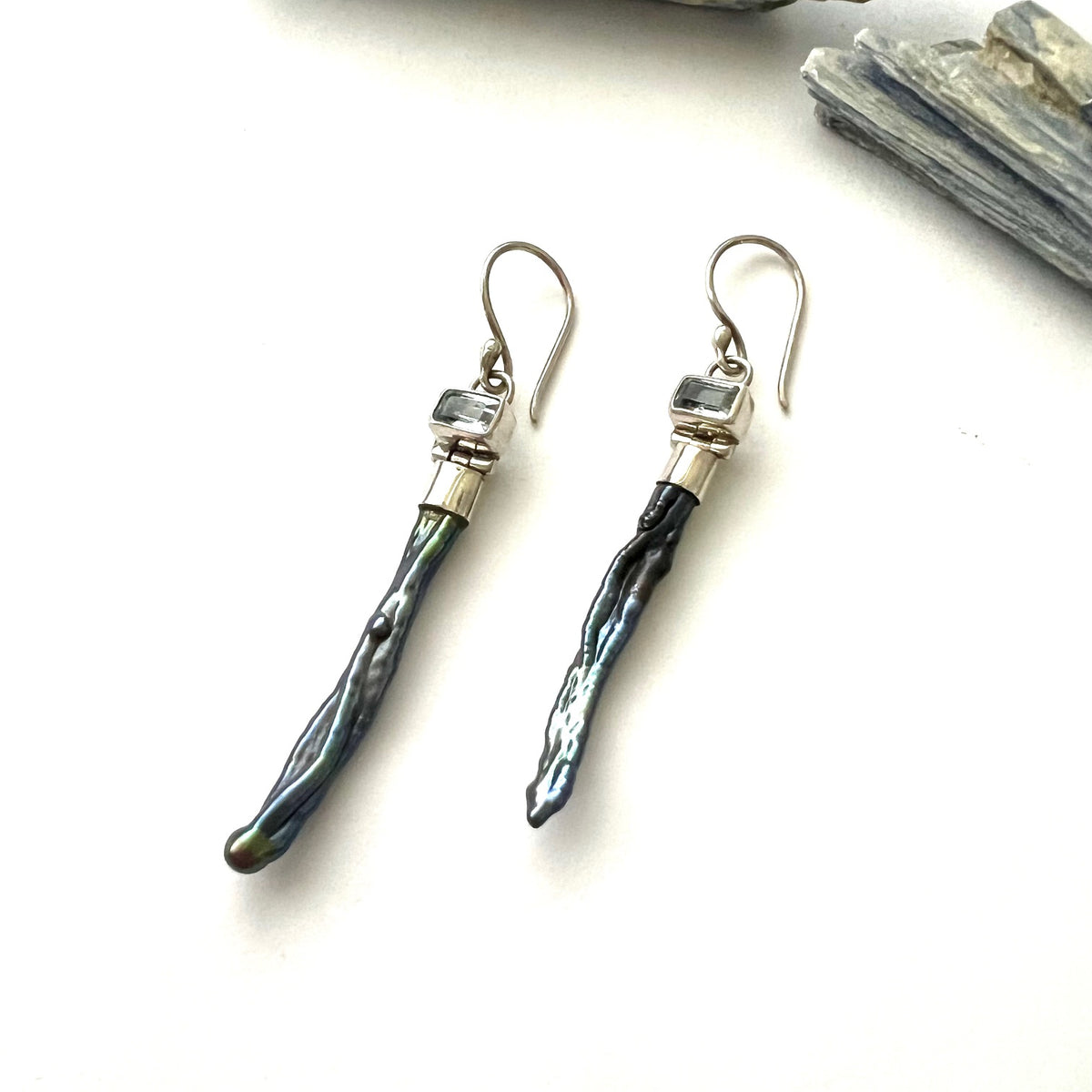 Vintage Black Pearl and Aquamarine Sterling Silver Earrings