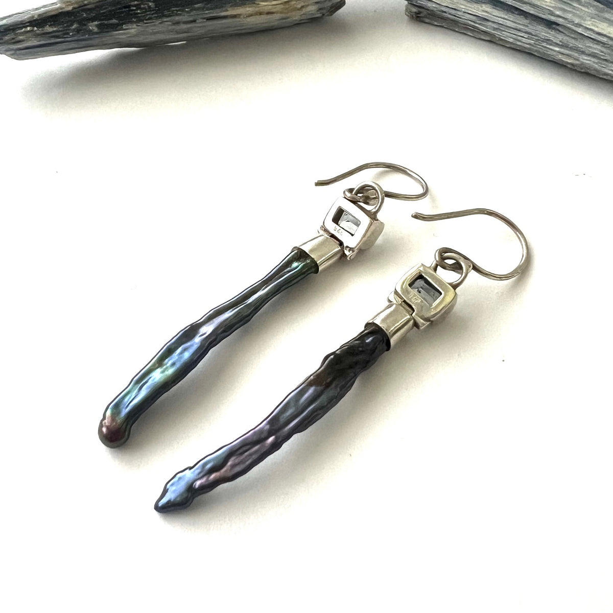 Vintage Black Pearl and Aquamarine Sterling Silver Earrings